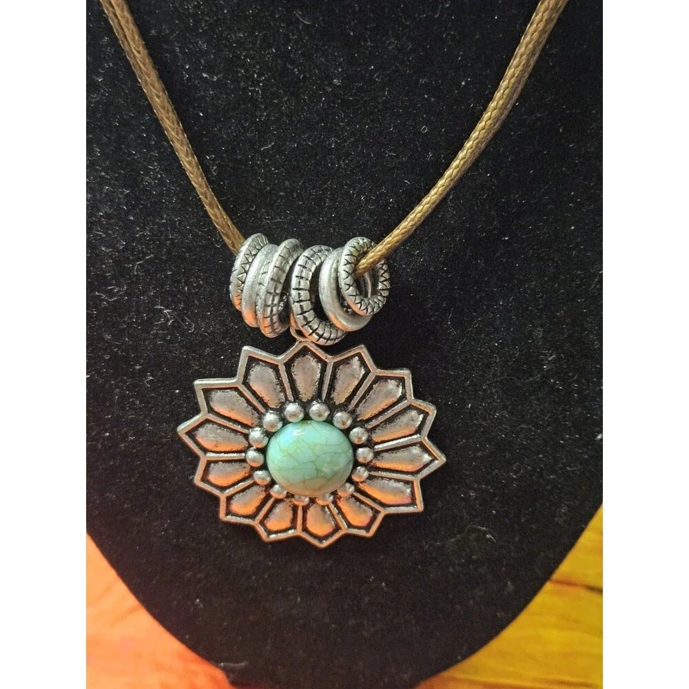 Flower Pendant Charm Cord Necklace, Aqua Round Stone, Bezel Set Brown/Silver